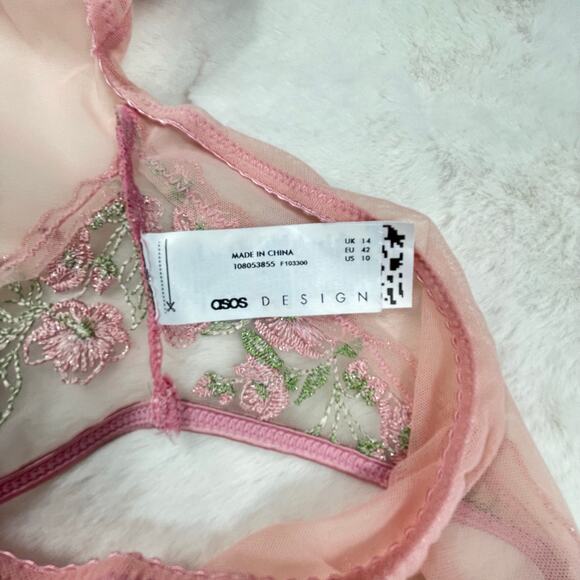 🔥NWOT ASOS Floral Embroidered Mesh Strappy Lingerie Bodysuit  Pink Size 10 - Picture 9 of 13